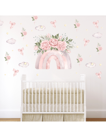 Adesivi murali Princess Dreams con arcobaleno rosa, rose, fiocchi, nuvole e stelle in stile watercolor per cameretta