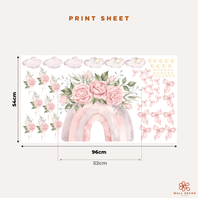Princess Dreams wall stickers with pink rainbow, roses, bows, clouds and stars in watercolor style for a children’s room 2