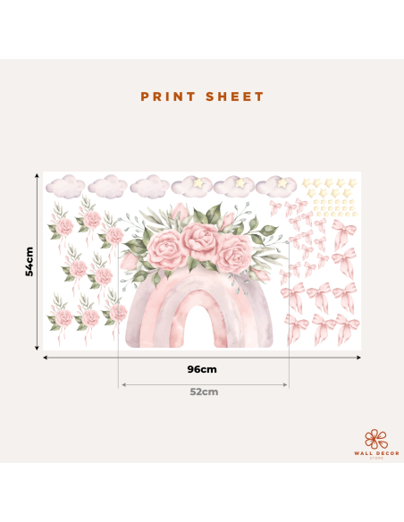 Foglio stampa adesivi murali Princess Dreams con arcobaleno rosa, rose, fiocchi, nuvole e stelle, dimensioni 96 x 54 cm