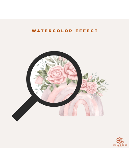 Watercolor effect detail of Princess Dreams wall stickers with pink rainbow and roses