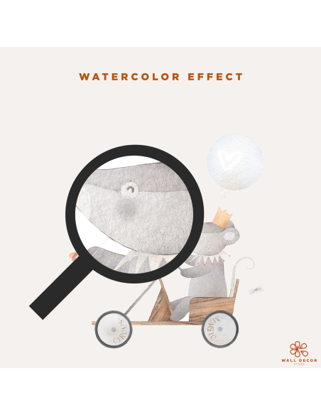 Watercolor effect detail of Magic Circus wall stickers with little mouse on a cart and balloon