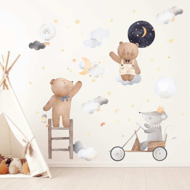 Adesivi murali Magic Circus con orsetti, topolino, mongolfiere, luna, nuvole e stelle in stile watercolor per cameretta beige