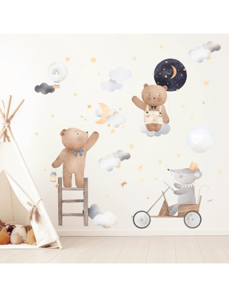 Adesivi murali Magic Circus con orsetti, topolino, mongolfiere, luna, nuvole e stelle in stile watercolor per cameretta beige