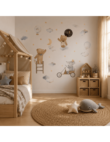 Magic Circus nursery wall stickers with bears, little mouse on a cart, moon, hot air balloon, clouds and stars