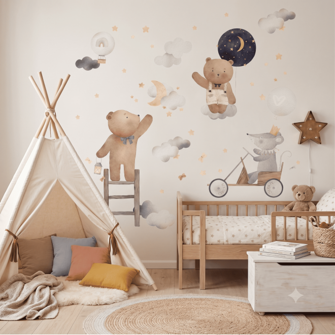 Wall stickers with bears, little mouse, hot air balloons, moon, clouds and stars in watercolor style for a beige children’s room 2