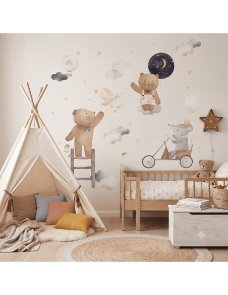 Magic Circus wall stickers in a children’s room with teepee tent, bears, little mouse, balloons, clouds and watercolor stars