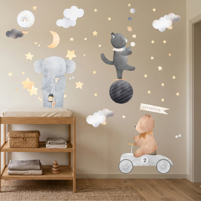 Magic Circus wall stickers with elephant, balancing kitten and little bear decorating a modern children's bedroom