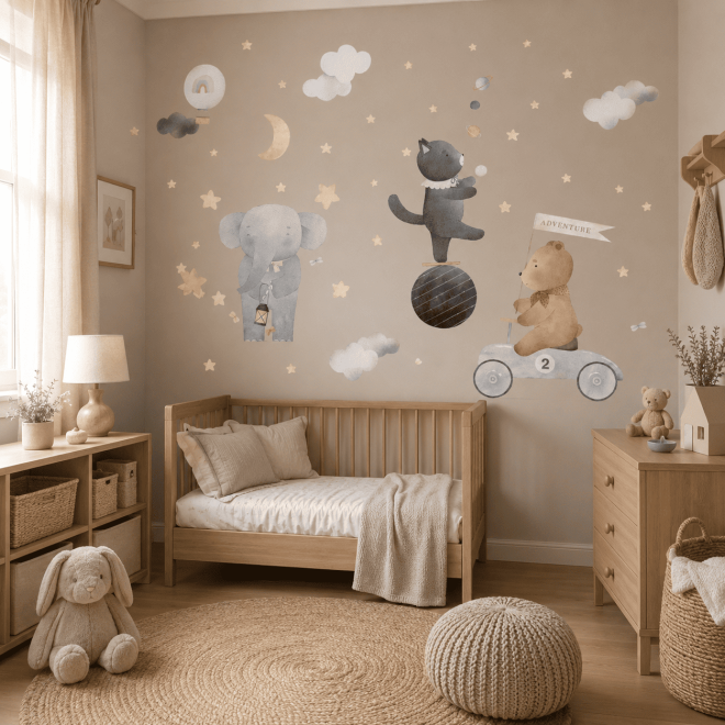 Adesivi murali Magic Circus con elefante, gattino equilibrista e orsetto decorano una cameretta moderna per bambini 2
