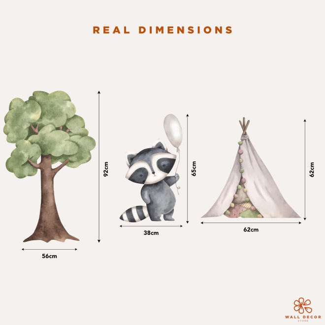 Wall stickers featuring a raccoon, bunny, tree and teepee in watercolor style displayed in a children's bedroom. 2