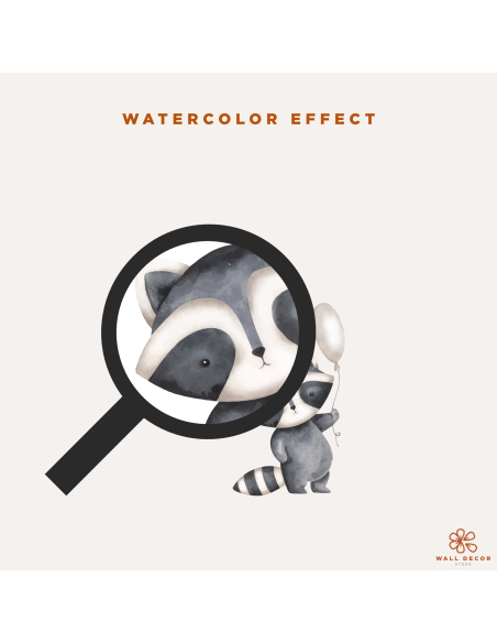 Watercolor effect detail of Woodland Adventures raccoon wall stickers