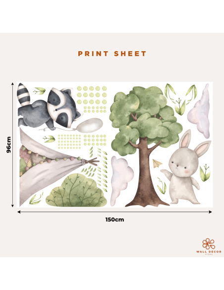 Woodland Adventures wall sticker print sheet with raccoon, bunny and tree