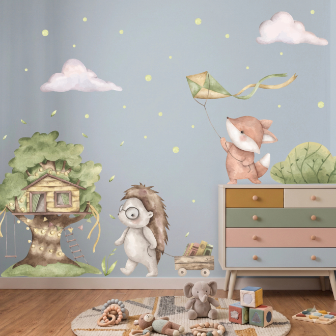 Adesivi murali con volpe, riccio e casa sull'albero – Woodland Adventures