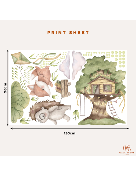 Woodland Adventures wall sticker print sheet with fox, hedgehog and treehouse