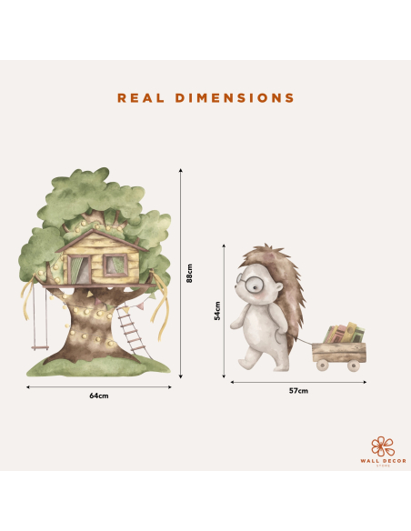 Dimensioni reali adesivi murali Woodland Adventures con casa sull'albero e riccio
