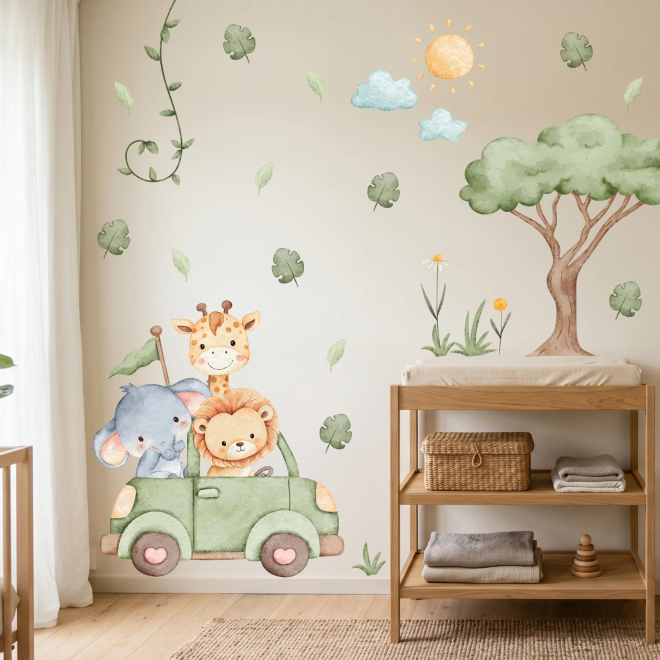 Adesivi da muro per bambini | Adesivi murali con animali della savana in un piccolo safari | Wall Decor Store