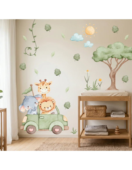 Adesivi da muro per bambini | Adesivi murali con animali della savana in un piccolo safari | Wall Decor Store