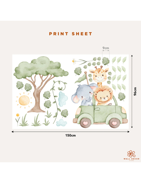Adesivi da muro per bambini | Adesivi murali con animali della savana in un piccolo safari | Wall Decor Store