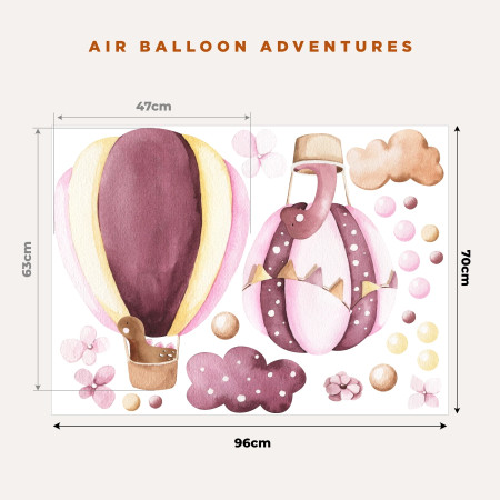 Wall stickers for children | Pink hot air balloons and dinosaurs | Air Balloon Adventures | Wall Decor Store