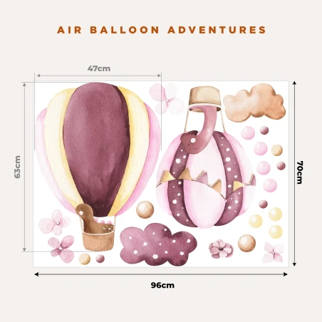 Adesivi da muro per bambini | Mongolfiere e dinosauri Rosa | Air Balloon Adventures | Wall Decor Store
