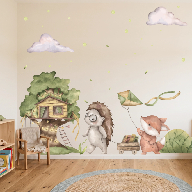 Adesivi murali con volpe, riccio e casa sull'albero – Woodland Adventures