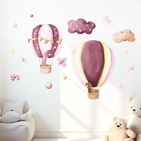 Adesivi da muro per bambini | Mongolfiere e dinosauri Rosa | Air Balloon Adventures | Wall Decor Store