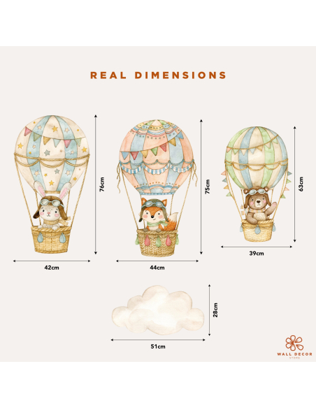Dimensioni adesivi murali con mongolfiere e animaletti – Little Sky Adventures