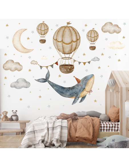 Flying whale and hot-air balloon wall stickers for children – Sky Whales | Wall Decor Store