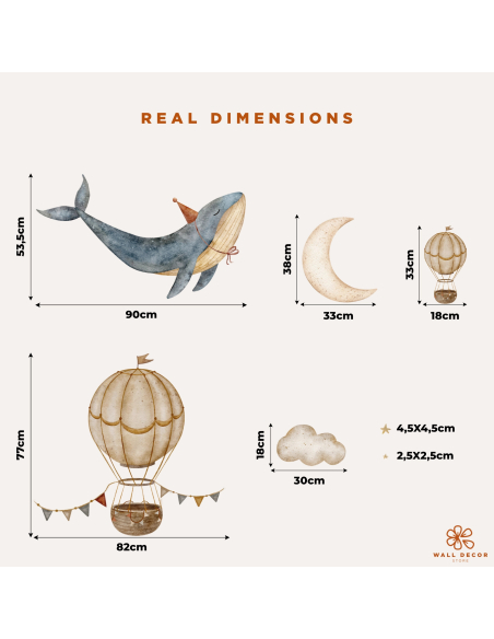 Dimensioni reali degli elementi balena, luna, mongolfiere e stelle