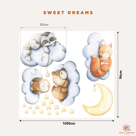 Adesivi da muro per bambini | Quattro piccoli dolci animali che fanno la nanna sulle nuvole - Sweet Dreams | Wall Decor Store