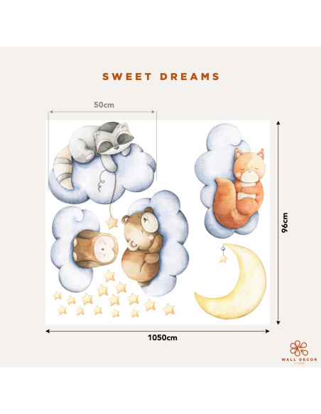 Adesivi da muro per bambini | Quattro piccoli dolci animali che fanno la nanna sulle nuvole - Sweet Dreams | Wall Decor Store